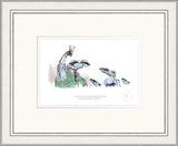 Framed illustration of an animal with a glass of wine and three fish, with text underneath.