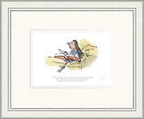 Framed cartoon illustration of a character sitting in a chair with text underneath.