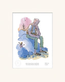 mounted illustration of l giant man sitting on top of a large rock talking to a small child.