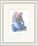 framed illustration of l giant man sitting on top of a large rock talking to a small child.