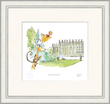 framed illustration of a giraffe and a monkey with a castle in the background, featuring Roald Dahl's work.