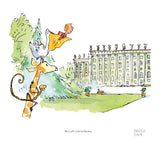 Illustration of a giraffe and a monkey with a castle in the background, featuring Roald Dahl's work.