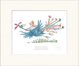 mounted illustration of child riding a blue feathered bird.