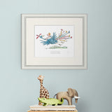 Framed illustration on a light blue wall with toy animals below.