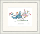 Framed illustration of child riding a blue feathered bird.