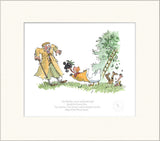 Illustration of a character in a yellow coat with animals and a ladder on a white background