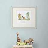 Framed children's illustration on a light blue wall with toy animals below.