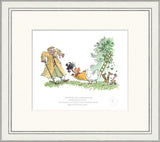 Framed Illustration of a character in a yellow coat with animals and a ladder on a white background