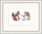 Framed artwork of a cartoon fox and rabbit with a humorous expression.