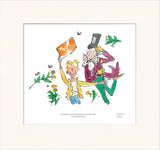 Mounted illustration of a man and child with a large orange ticket, surrounded by flowers and leaves.