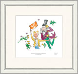 Framed illustration of a man and child with a large orange ticket, surrounded by flowers and leaves.