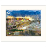 Artistic depiction of a coastal town with boats and a sunset.