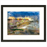 Framed artwork of a coastal scene with houses and boats.