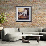 oil painting of white horse walking away surrounded by golden light in black and gold frame on brick wall above a cream sofa