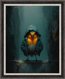 Framed wall art featuring a Robin in a hood.