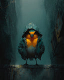 Unframed artwork of a robin in a hood