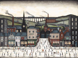 A stylized painting of a town square scene with many small figures skating or walking in front of industrial buildings, smokestacks, hills, and a viaduct under a pale sky.