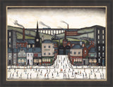 A framed art print depicting a stylized industrial town scene with buildings, a bridge, and many small figures skating in the foreground, shown against a white background.