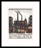 A framed art print featuring a whimsical illustration of a city street with pedestrians, brick buildings, and two tall smoking factory chimneys under a cloudy sky. Sean Durkin art