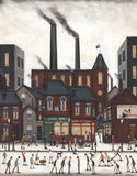 A  painting of a bustling industrial street scene, featuring brick factories with tall smokestacks, shopfronts, and numerous pedestrians in the foreground under a cloudy sky.  Sean Durkin