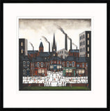 A framed art print featuring a stylized illustration of a town square with brick buildings, smokestacks, and a large ice rink filled with small figures skating. The print is presented with a wide white mount and a black frame. Sean Durkin artwork