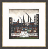 A framed art print depicting a stylized industrial city scene with brick buildings, smokestacks, and a large crowd in the foreground, shown with a wide white mount and dark wood frame.