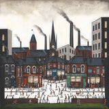 An industrial city street scene painting with brick buildings, smokestacks, a church spire, and a wide plaza where many small figures are walking, shopping, and playing.  Sean Durkin art.