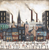 A stylized painting of a bustling industrial town square with factories, smokestacks, a church spire, and many small figures of people walking and gathering in the foreground.