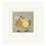 mounted Illustration of two characters hugging on a textured background