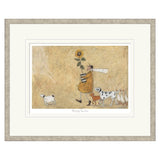 framed illustration of a figure carrying a sunflower surrounded by dogs.
