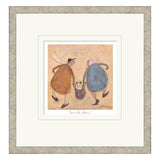Framed artwork of two stylized figures holding a bag containing an animal on a beige background.