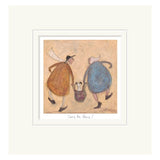 Framed artwork of two stylized figures holding a bag containing an animal on a beige background.