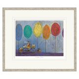 framed illustration of a man with dogs on a bike under large colourful circular trees.