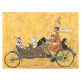 Illustration of a person riding a bicycle with dogs in a cart on a textured yellow background