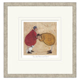 Framed artwork of two characters in red and yellow coats with a dog.