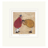 Mounted artwork of a two people in a red and yellow coat on a beige background