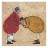 Illustration of a person in a red coat holding a large round object, with a white dog at their feet, on a textured beige background.