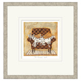 Framed artwork of two Dalmatians on a checkered armchair.