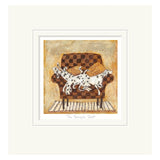 Framed artwork of two Dalmatians on a checkered armchair with a textured brown background.