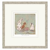 Framed Artistic illustration of three dogs around a table with small cake on a textured background