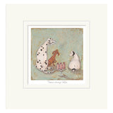 Mounted Artistic illustration of three dogs around a table with small cake on a textured background