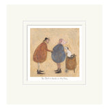 Mounted artwork of two people and a dog with text on a beige background
