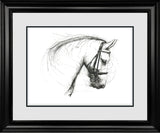 Framed black and white drawing of a horse's head on a white background