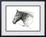 Framed black and white drawing of a horse's head on a white background