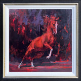 abstract painting of red horse on dark background with black and gold frame
