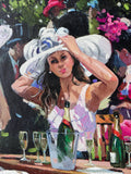 Painting of a woman in a festive hat with champagne at a party.