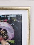 Framed painting of a woman with a large pink hat and a man in a suit.