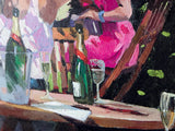 Artistic depiction of a table with wine bottles and glasses, people in colorful outfits in the background.