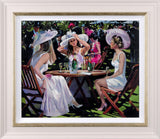 Framed artwork of three women in elegant dresses and hats sitting at a table outdoors.