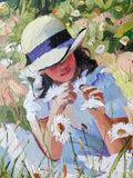 A child in a garden with flowers, wearing hats and holding flowers.